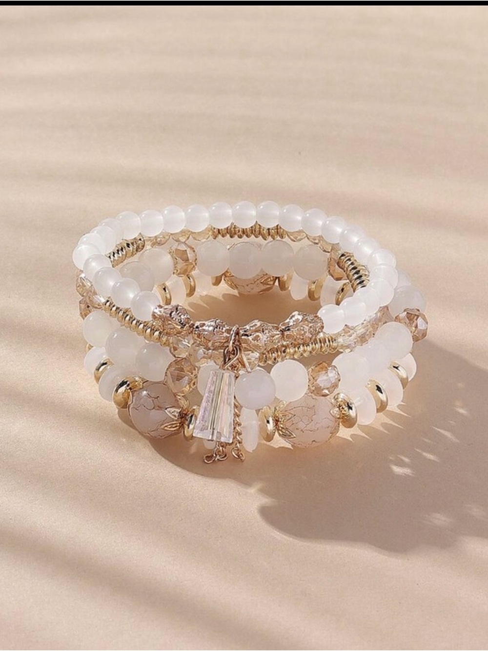 Multi-Strand White and Gold Beaded Bracelet Stack